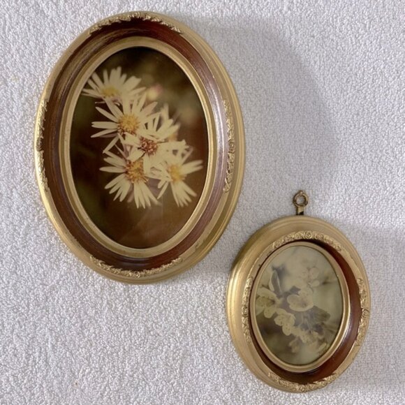 Vintage Floral Oval Wall Art Set W Gold Tone Chunky Frames x2 - Picture 1 of 10